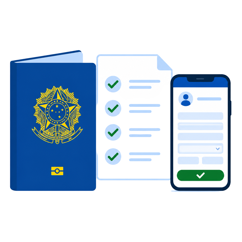 Ilustração de um passaporte brasileiro ao lado de um checklist de documentos e um celular com o formulário de solicitação